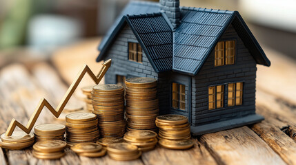 A miniature house sits behind a rising red graph line resting on stacks of coins