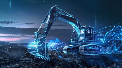 Excavator digital model, quarry sunset, data visualization