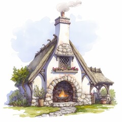 Naklejka premium Charming Stone Cottage with Thatched Roof Cozy Fireplace and Blooming Window Box