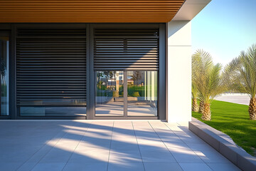 Front of a Modern Building with a Terrace View and Exterior Blinds