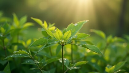 Obraz premium Plant leaves glowing under sunlight in a vibrant garden.