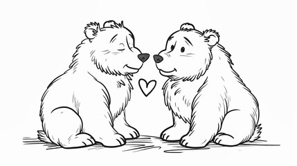 Obraz premium Two cute bears in love are sitting next to each other, there is a heart shape between them, simple coloring with bears and a heart
