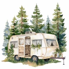 Obraz premium Vintage Campervan in a Pine Forest Watercolor Illustration Idyllic Nature Scene Travel Adventure