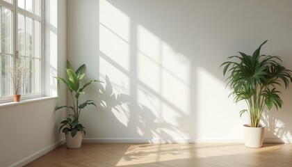 Potted palm plant in a sunlit minimalist room