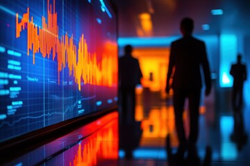 Silhouetted people and financial graph in office hallway.