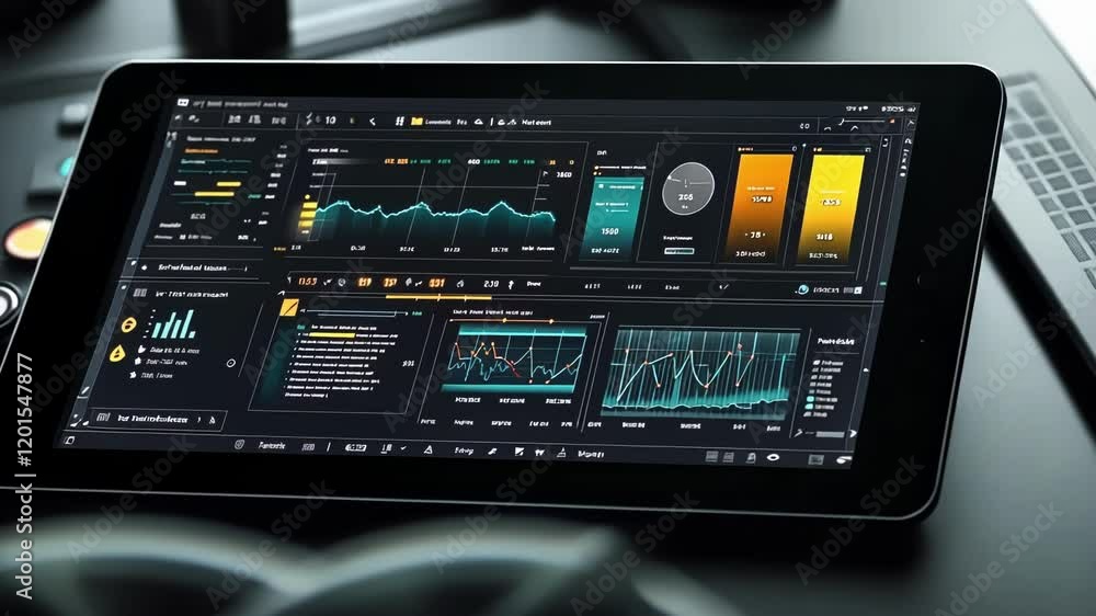 Poster complex financial data and performance indicators are displayed on a tablet computer screen, suggest