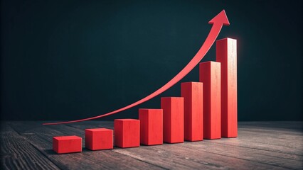 growth and progress: 3d bar graph with upward red arrow.