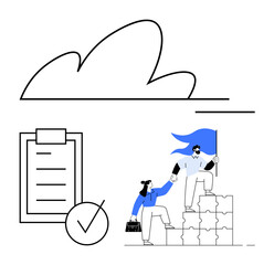 Cloud shape, clipboard with checkmark, two figures climbing puzzle blocks, one holding a flag. Ideal for teamwork, leadership, collaboration, success, planning cloud systems abstract line flat