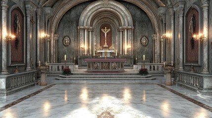 Obraz premium Majestic Church Interior Featuring Altar, Candles, and Ornate Architectural Details
