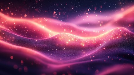 Pink and purple particles flowing and glittering, forming wave shapes and creating an abstract background with a magical and dreamy atmosphere