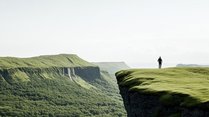 Elegant A lone hiker pausing on a cliff edge overlooking a sprawling valley of lush greenery and waterfalls surrounded by peaceful silence 