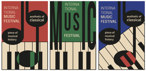 Set retro International Music festival poster cover template. Musical brochure with Abstract Geometric piano keys and typography. Vector illustration for placard card banner cover design. EPS 10