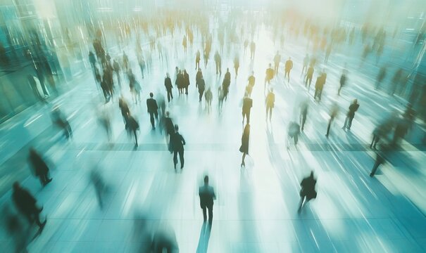 Long exposure shot of crowd of business people walking in bright office lobby fast moving with blurry, Generative AI, Generative AI