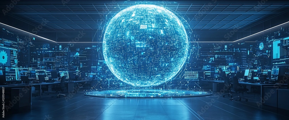 Poster futuristic data center with glowing digital sphere.