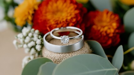 Elegant Antique style rings set on a dramatic bouquet of red and orange marigolds tied with a rustic burlap ribbon for a vintage inspired wedding theme 