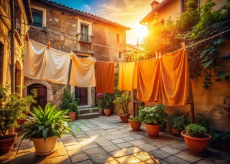 Obraz premium Sun-Drenched Courtyard: Vibrant Orange & Cream Laundry Drying in Low Light