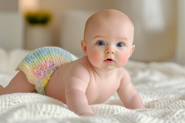 Adorable baby lying on its stomach with a grumpy yet endearing angry expression on its face