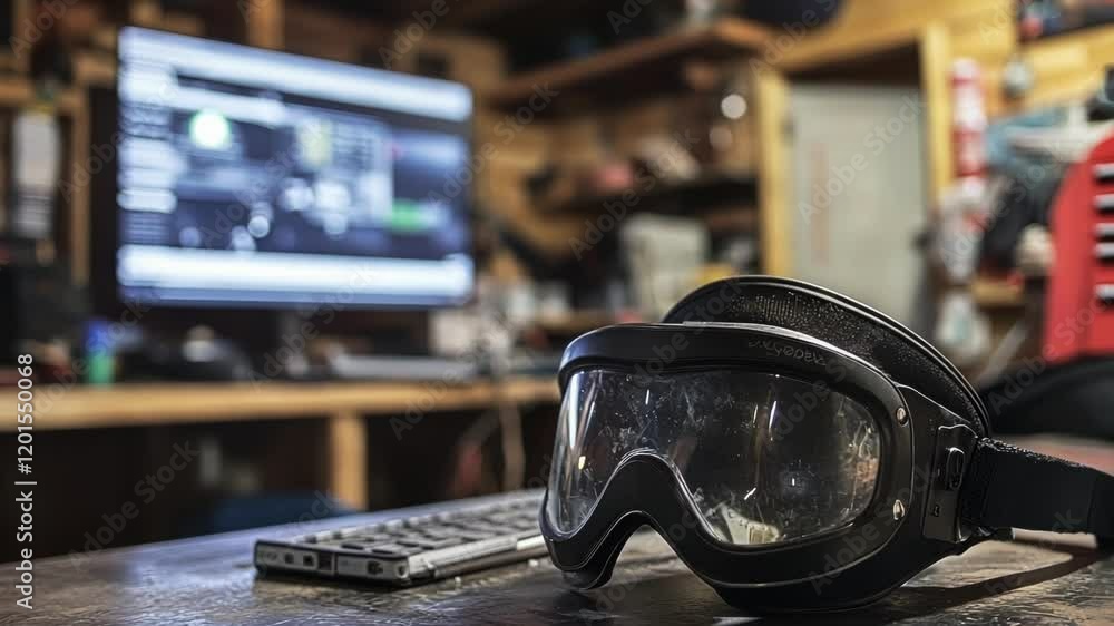 Poster a closeup of welding goggles resting on a counter with a laptop open to a livestreamed expert sessio