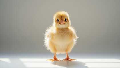Single fluffy chick standing in soft sunlight indoors