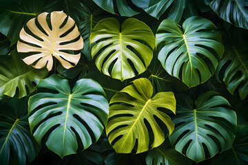 Fototapeta premium Lush Tropical Monstera Leaves Background Texture