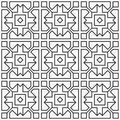 Seamless black and white geometric pattern with symmetrical lines and shapes in a grid layout.