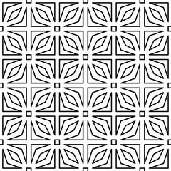 Seamless black and white geometric pattern with symmetrical lines and shapes in a grid layout.