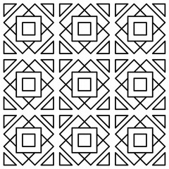 Seamless black and white geometric pattern with symmetrical lines and shapes in a grid layout.