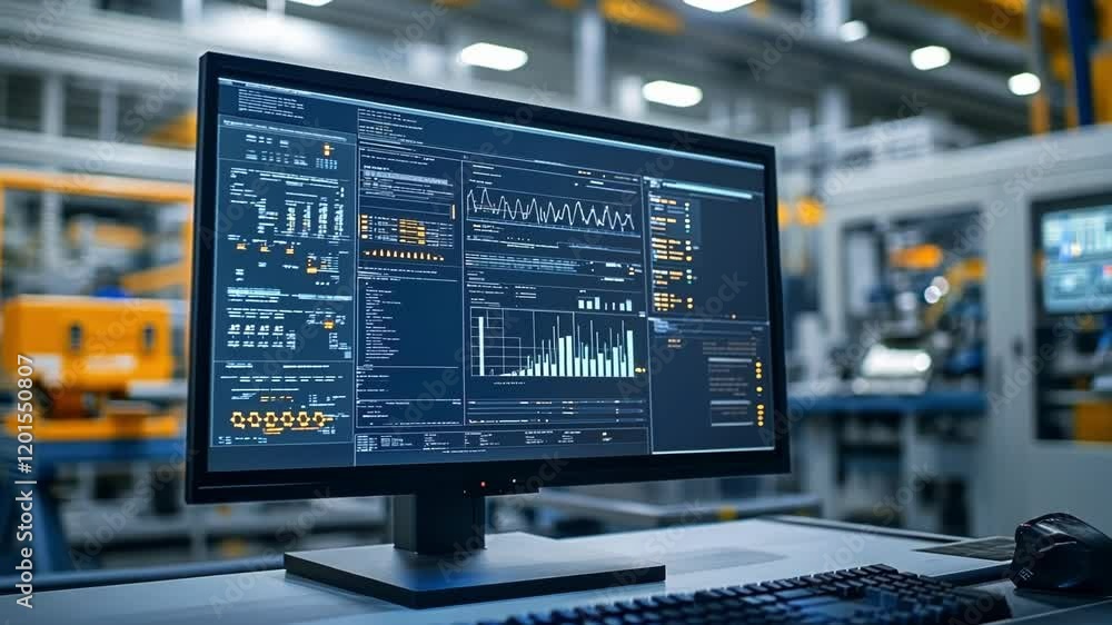 Poster advanced industrial control dashboard displaying real time production statistics, monitoring robotic