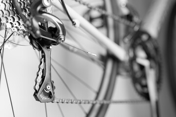 A bicycle chain is shown in black and white. The chain is attached to the rear wheel of the bicycle