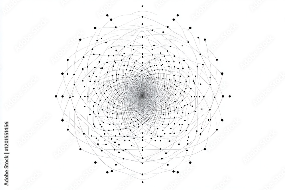 Poster abstract vector illustration of a network of connected lines and dots in a spiral formation on a cle