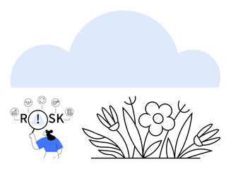 Light blue cloud, black floral outlines, person holding a magnifier examining risk icons. Ideal for nature, cloud computing, growth strategy, risk analysis, environmental awareness, innovation