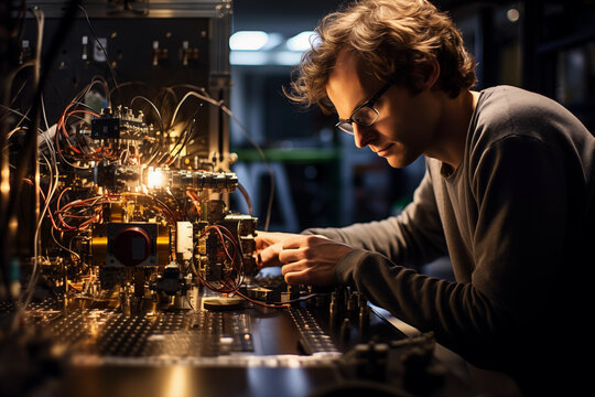 An engineer focuses on a quantum computer in a high-tech lab, meticulously handling intricate wiring and components. The setup features advanced technology and ambient lighting