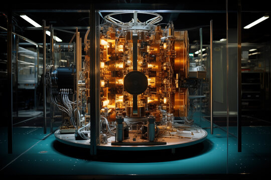 A state-of-the-art quantum computer in a research laboratory, featuring intricate wiring and glowing components. The advanced setup is housed in a transparent enclosure with sophisticated technology