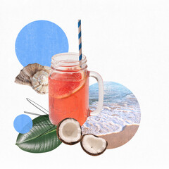 Modern graphic design. Mug with pink drink, citrus slice, coconut halves against seashell, beach backdrop, evoking tropical Friday escape and refreshing party vibe. Concept of festive mood, summer. Ad