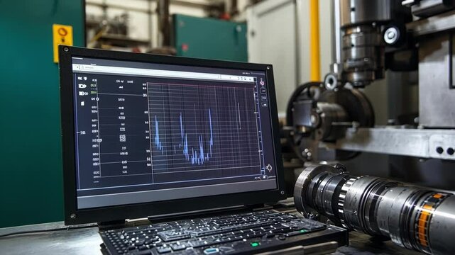 A refined angle of a vibration analysis tool resting on a machine with graphical data illustrating abnormal vibrations helping pinpoint potential issues before they escalate.