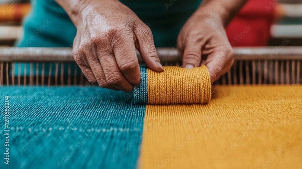 Poster a person is weaving with colorful threads, focusing on the intricate process of textile creation.