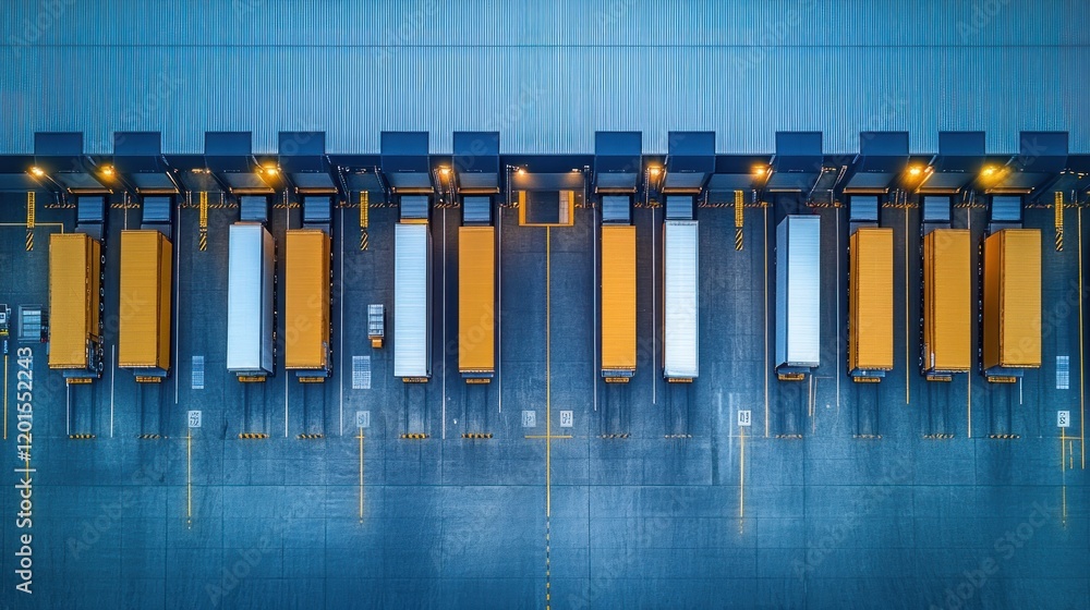 Poster aerial view of trucks loading at distribution center.
