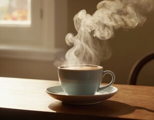 A steaming cup of coffee is sitting gracefully on the table