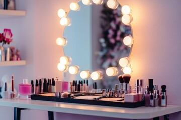 Vanity with lights and various makeup products displayed.