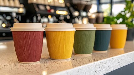 A lineup of colorful, textured coffee cups sits on a countertop in a cozy cafe setting, inviting warmth and creativity.