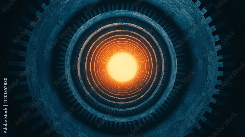 Poster a mesmerizing view of concentric gears surrounding a radiant orange light, creating a captivating fo