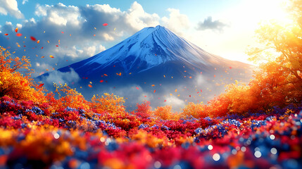 Majestic Mount Fuji in Autumn: A breathtaking sunrise with vibrant fall colors and falling leaves