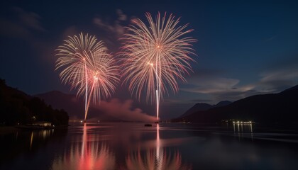 Fototapeta premium Fireworks over a calm lake at night