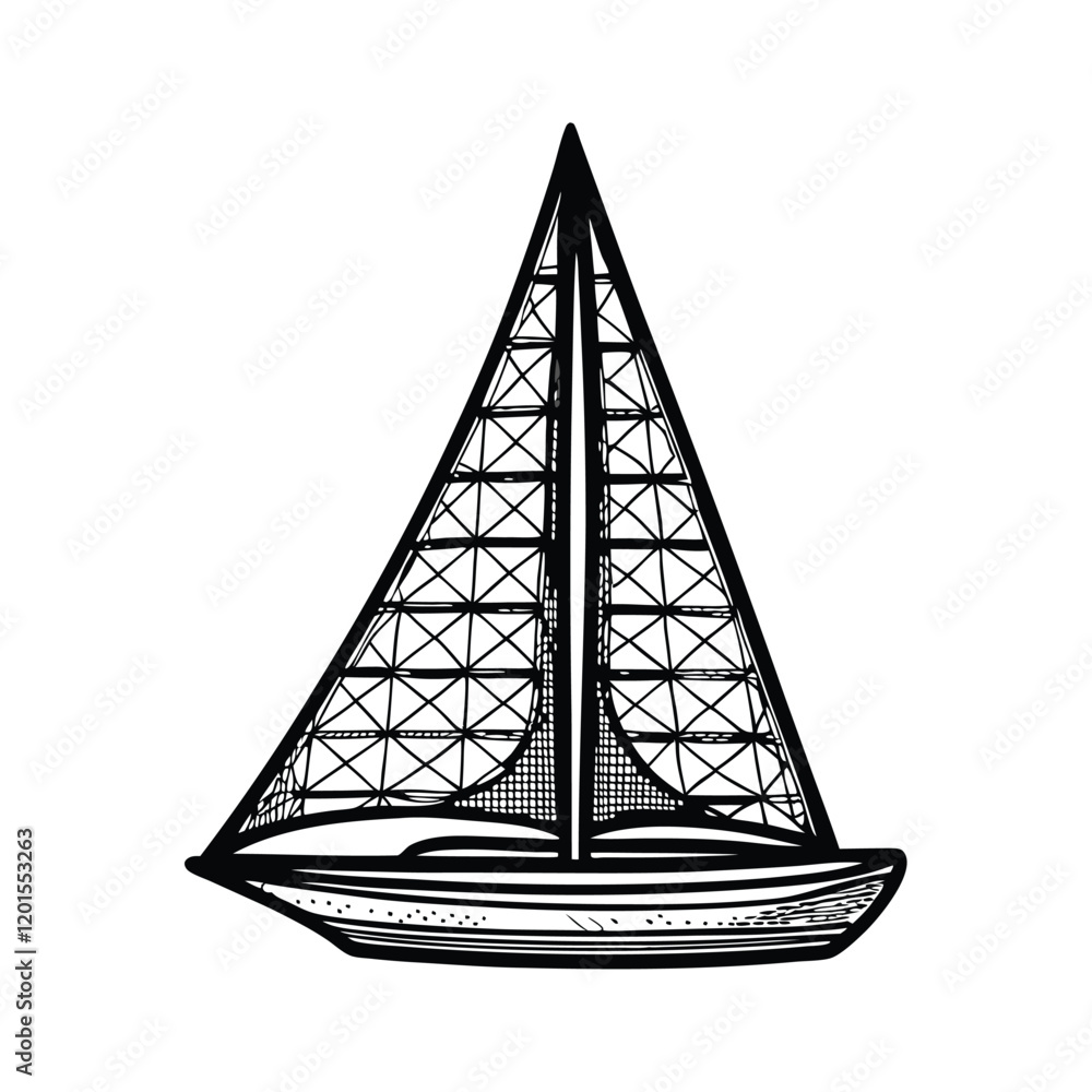 Poster a minimalist, abstract illustration of a sailing boat constructed entirely from interconnected trian