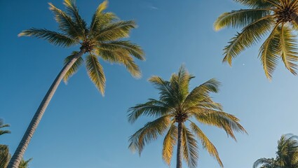 Tropical palm trees sway against a vibrant blue sky, evoking a sense of summer vacation and island paradise