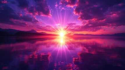 Obraz premium Breathtaking Sunrise Over Calm Waters Illuminating Vibrant Colors and Radiant Clouds Reflecting in Tranquil Lake Landscape