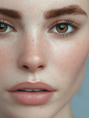 Naklejka premium Nahaufnahme Frauengesicht vor türkisfarbenem Hintergrund, natürliche Augenbrauen, warme braune Augen, volle Lippen, ebenmäßige Haut, clean, modern, Beauty-Werbung