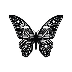 A striking silhouette of a butterfly with one wing stylized as a circular shape.