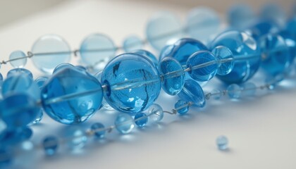 Blue glass beads scattered on a white surface