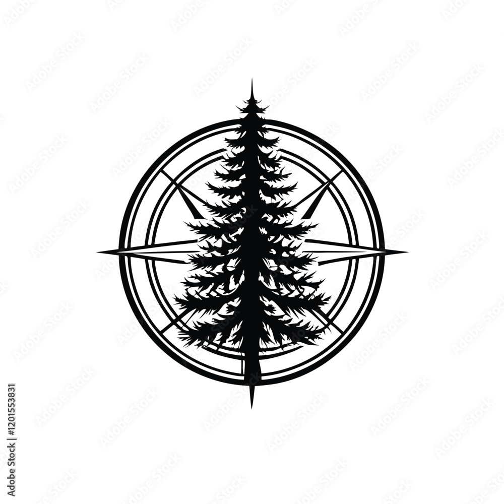 Poster a stark black silhouette of a pine tree stands tall within the circular frame of a compass, symboliz